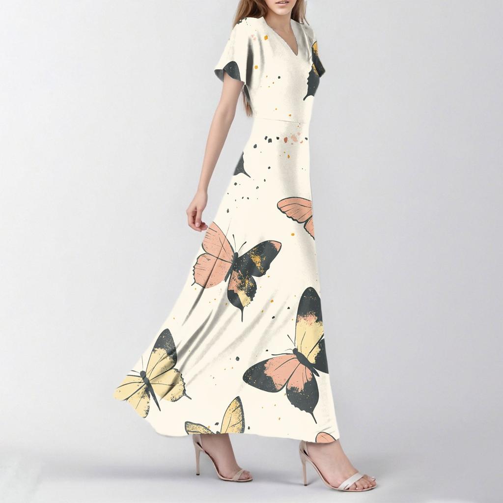 Abito Casual Estivo da Donna con Stampa Farfalla, Scollo a V, Manica Corta