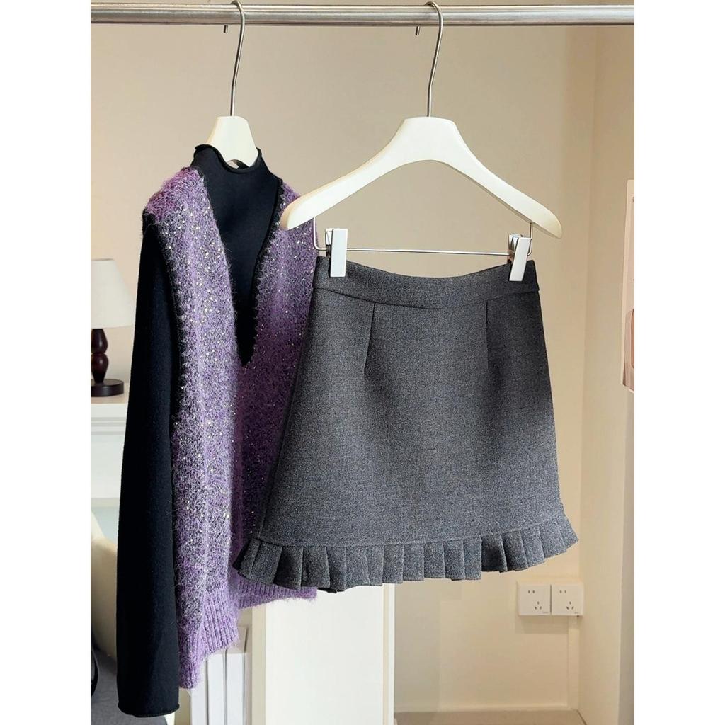 Plus Size Grey Pleated Wool A-Line Mini Skirt for Spring/Autumn