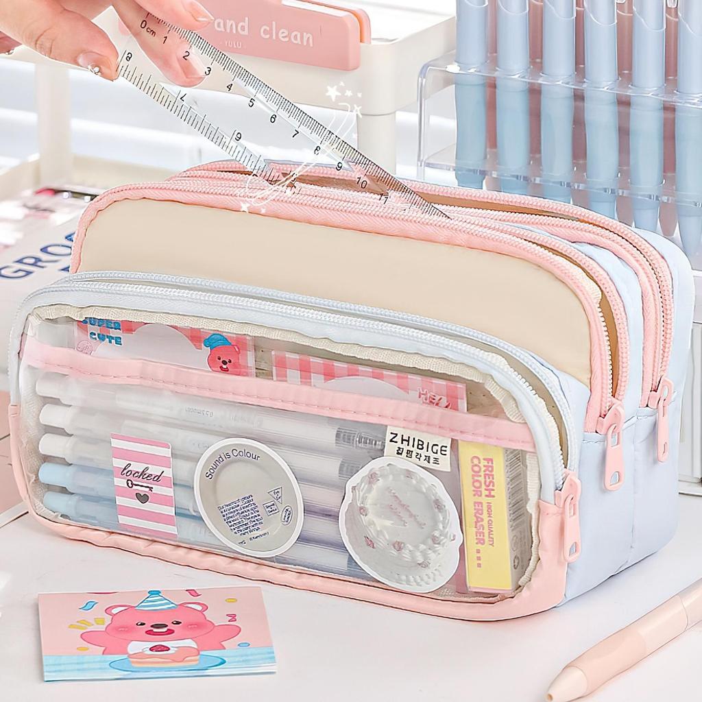 Cream Pencil Bag Pen Case Hitting Color Blocked Staged Type Transparent Front Pocket Storage Pouch for Stationery