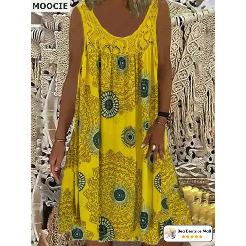 Letní dámské šaty bez rukávů Ležérní falešný dvoudílný kulatý výstřih Dámské džínové šaty Knoflíková ozdoba Volný střih A-line Dámské tílkové šaty