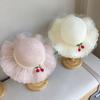 Kids Summer Beach Straw Hat Wide Brim Sun Protection Cap with Simple Lace and Cherry Decoration for Girls Outdoor Travel