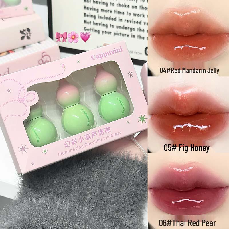 Cappuvini Gourd Lip Glaze Set: Three-Piece Mirror Shine Whitening Lip Gloss.