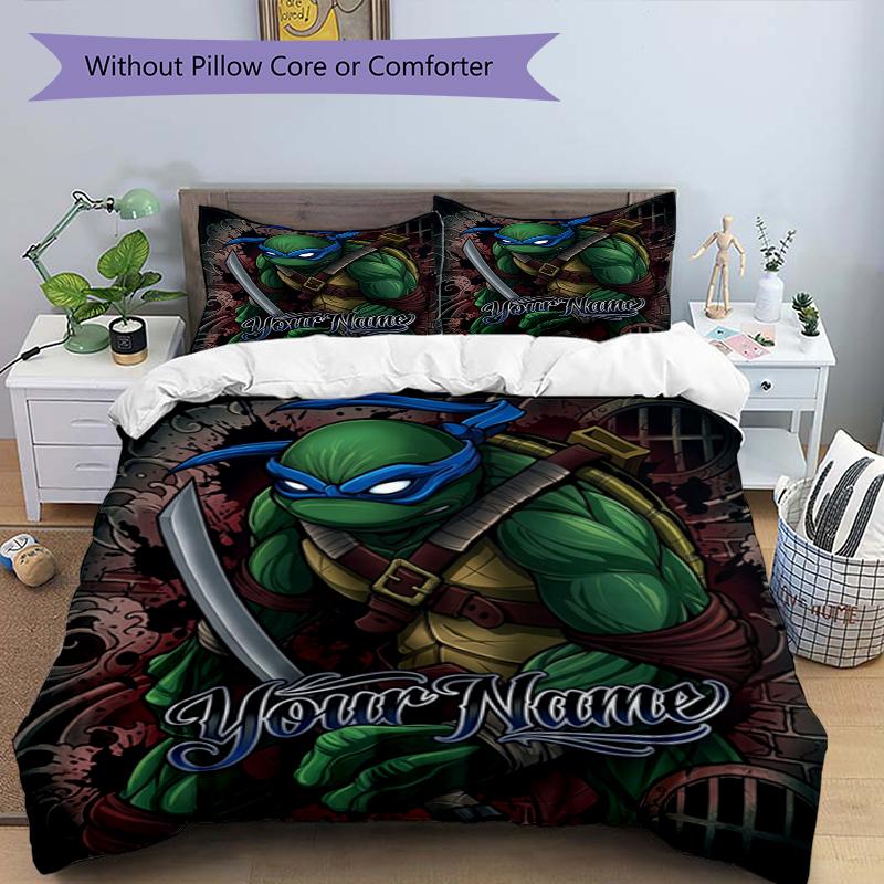 3pcs Custom Name Turtle Power Printed Bedding Set Duvet Cover Closure Includes 1 Duvet Cover & 2 Pillowcases, Soft and Comfortable for All Seasons.