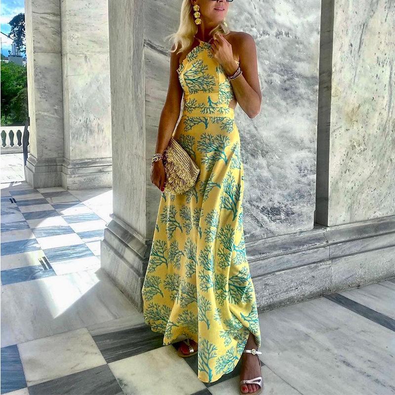 Women s summer new sexy halter neck backless printed mid-length dress S