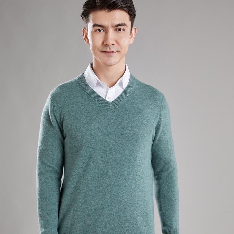 Men's 100% Pure Wool V-Neck Sweater, New Autumn/Winter Business Casual Soft Knit, Long-Sleeve Base Layer.