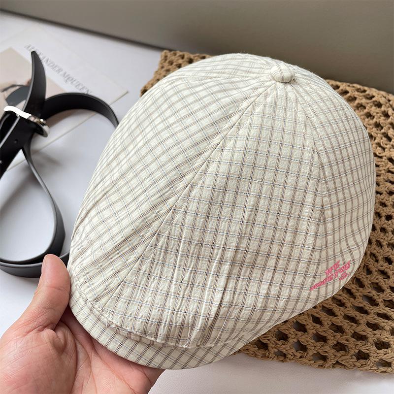 Plaid embroidery letter forward hat women wear newsboy hat in summer, small breathable thin cap