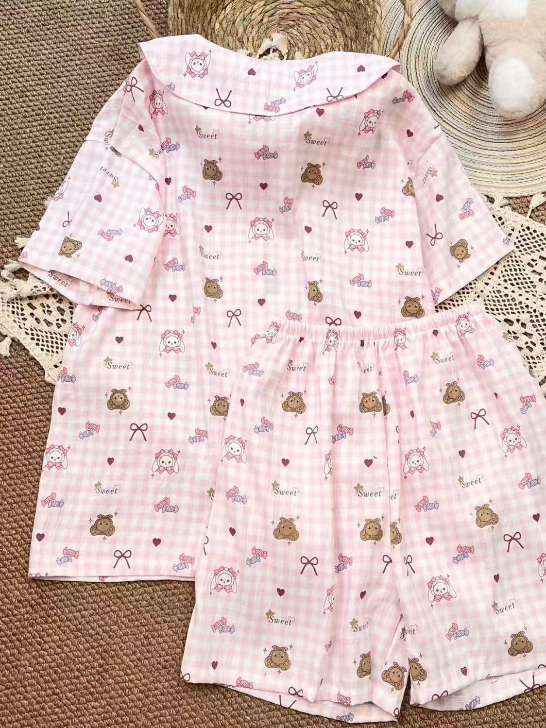 

Pink grid bow rabbit bear pajamas women s doll collar short-sleeved shorts two-piece set summer can wear loungewear S