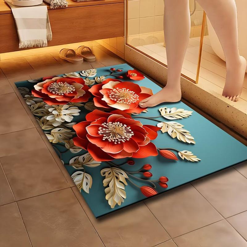 Home Floor Mat With 3D Pattern Non Slip Bath Shower Mat Water Absorbent Mat For Bathroom And Doorway Expandable Flower Rug