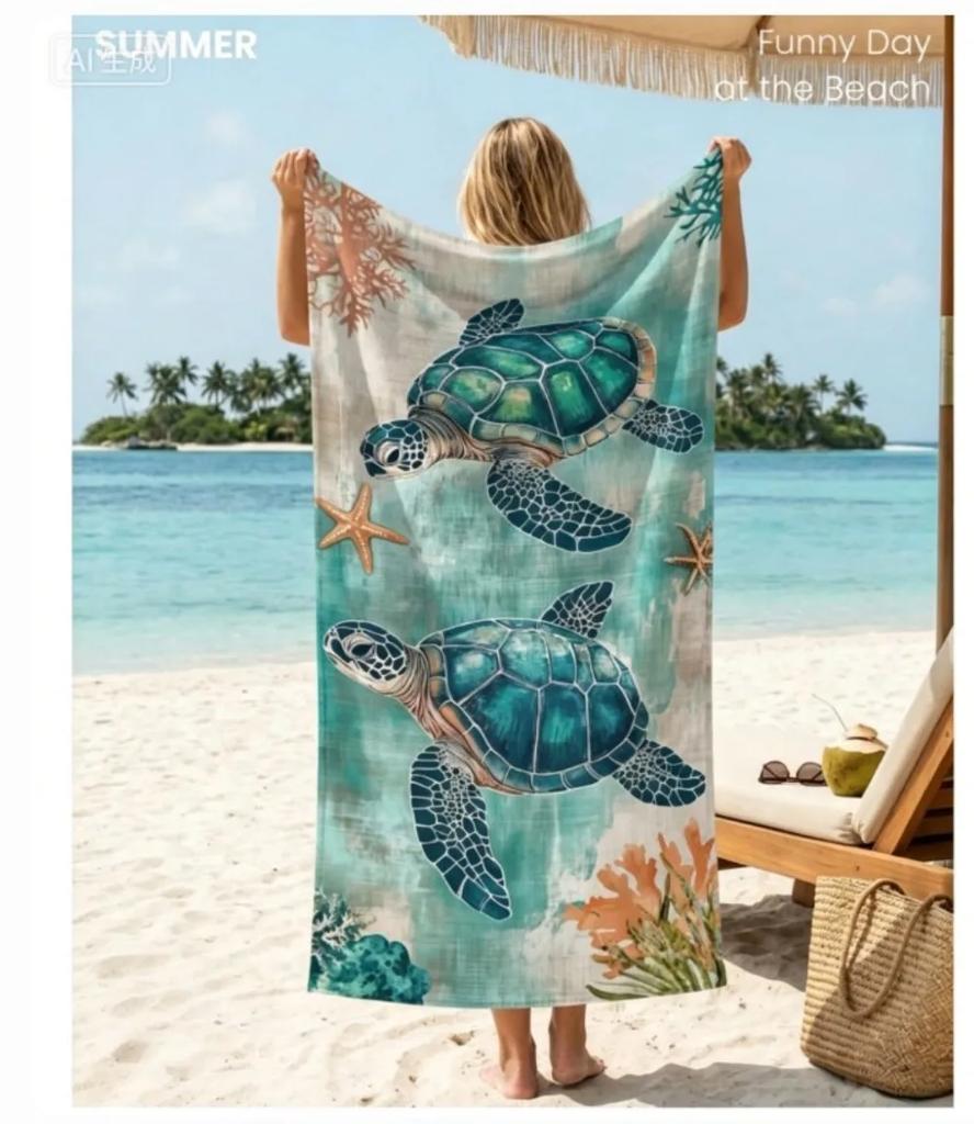Sea Turtle Microfiber Beach Towel, Blue White Marine Animal Bath Towel, Aesthetic Tropical Summer Travel Blanket for Women Men