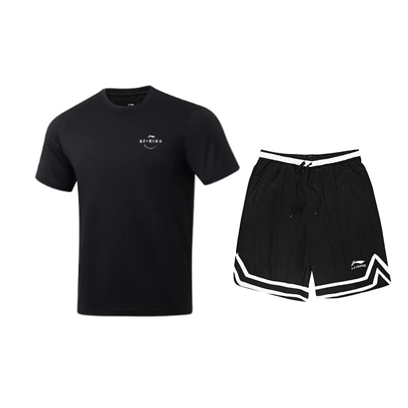 

Li-Ning Solid Color Quick-Dry Round Neck Short Sleeve Fashion Comfortable Shorts Casual Sports Suit Unisex suit Black ATSU817-1+YAPV001-1 M