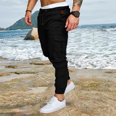 Men Cargo Pants Ankle-banded Thin Multi Pockets Drawstring Elastic Waist Solid Color Gym Traning Sweatpants Long Outdoor Trousers