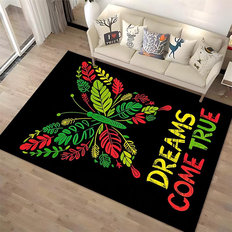 Colorful Butterfly Carpet with "Dreams Come True" Text on Black Suitable for use as an anti-slip for living room bedroom sofas