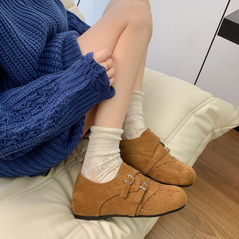 Retro belt buckle inner heightening velvet cotton shoes women's winter Maillard thermal bag heel women's shoes