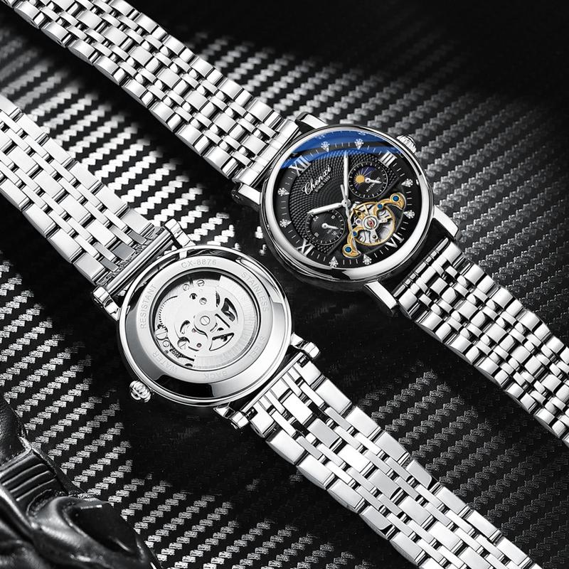 CHENXI Fashion Automatic Mechanical Watch Sun Moon Phase Tourbillon Waterproof Leather Strap Alloy Case Men's Watch