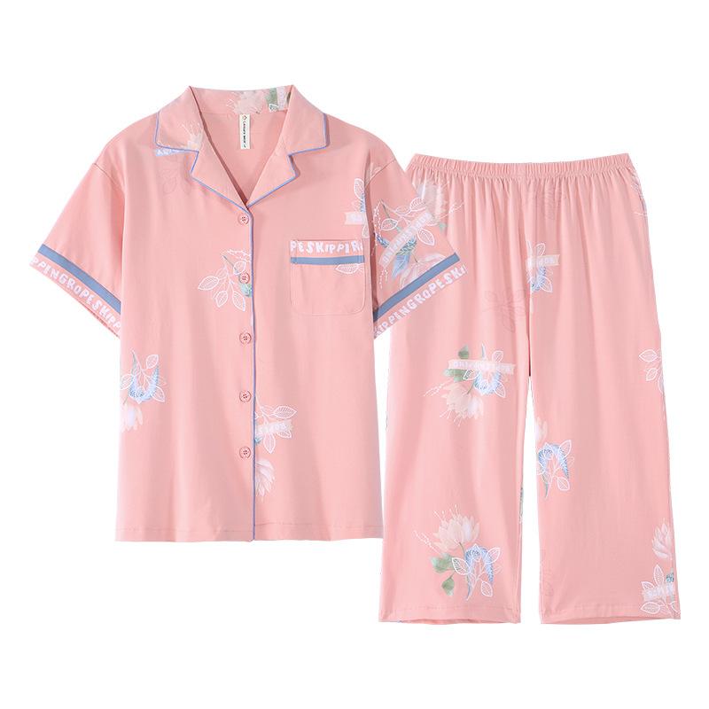 [Soft] Pajamas women's summer pure cotton short-sleeved cropped pants thin summer Korean version summer loungewear set