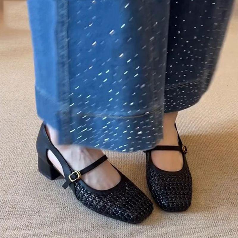 Super Soft Leather~ French Cool Single Shoes Women's Woven Hollow Hole Shoes Retro Shallow Mouth Side Hollow Breathable Mary Jane Shoes