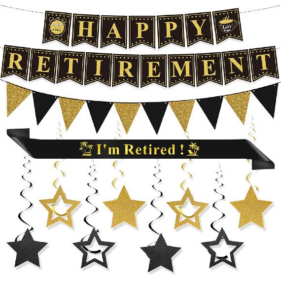 Retirement Party Decorations Black and Gold Happy Retirement Banner Gold Glitter Pennant Flag Banner Star Hanging Swirls and Sash Retired Party