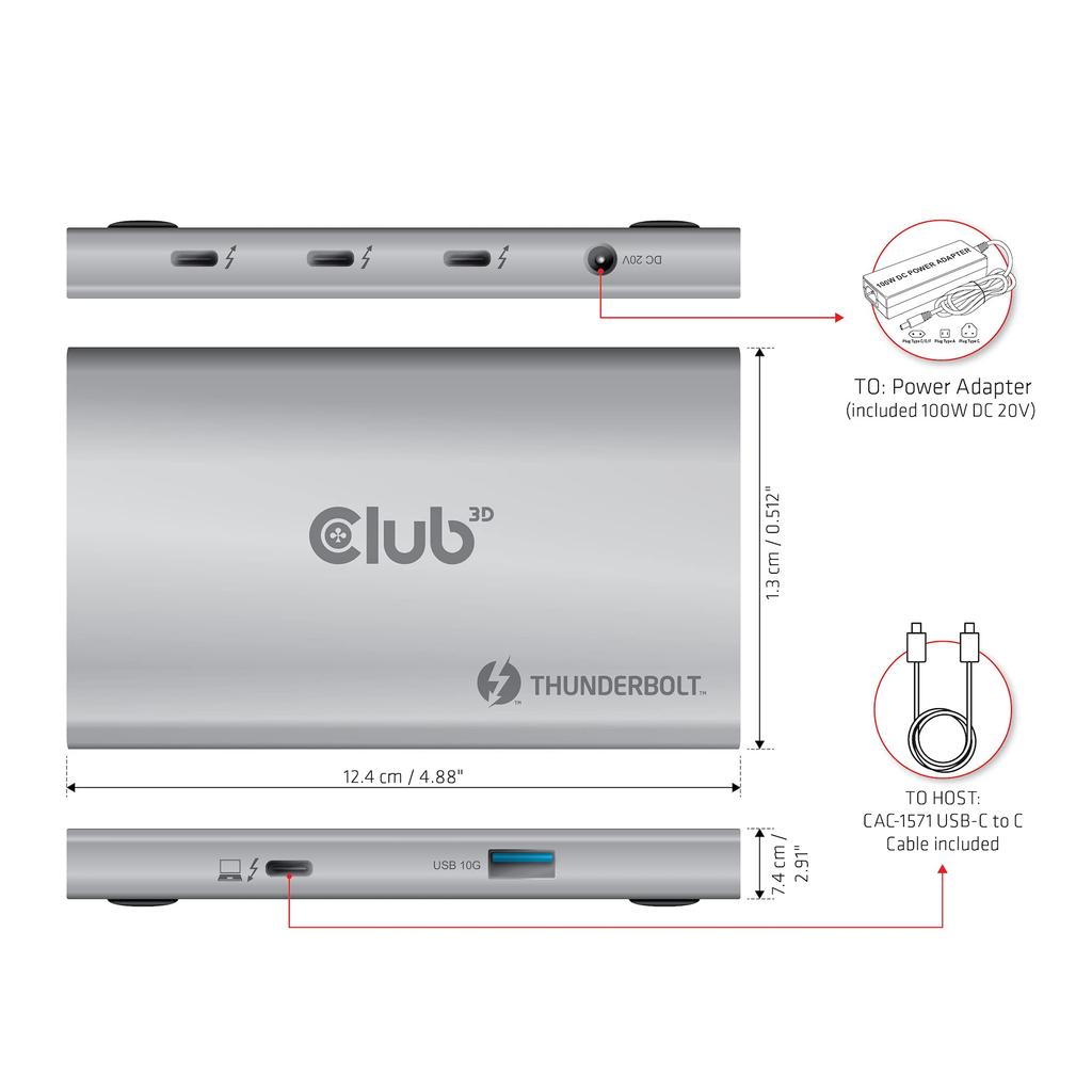 Club 3D Thunderbolt 4 40Gbps Přenosný Hub DisplayPort 4K60Hz 8K30Hz USB USB 10Gbps Chytré Napájení 60W 5-v-1 Type-C Type-A (CSV-1580)