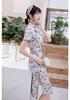 1011 summer new fashionable and elegant slim double-layer medium and long finch feather satin improved cheongsam dress diagonal placket