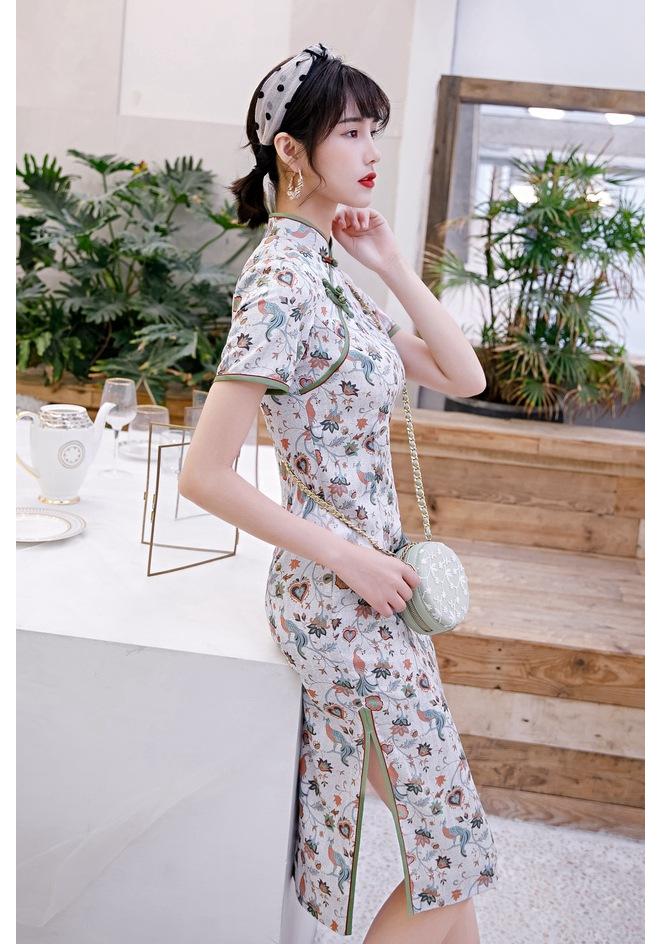 1011 summer new fashionable and elegant slim double-layer medium and long finch feather satin improved cheongsam dress diagonal placket