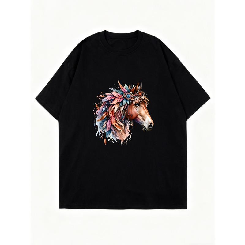 Oversized T Shirt Dress Black Horse Head With Floral Pattern Casual Wear