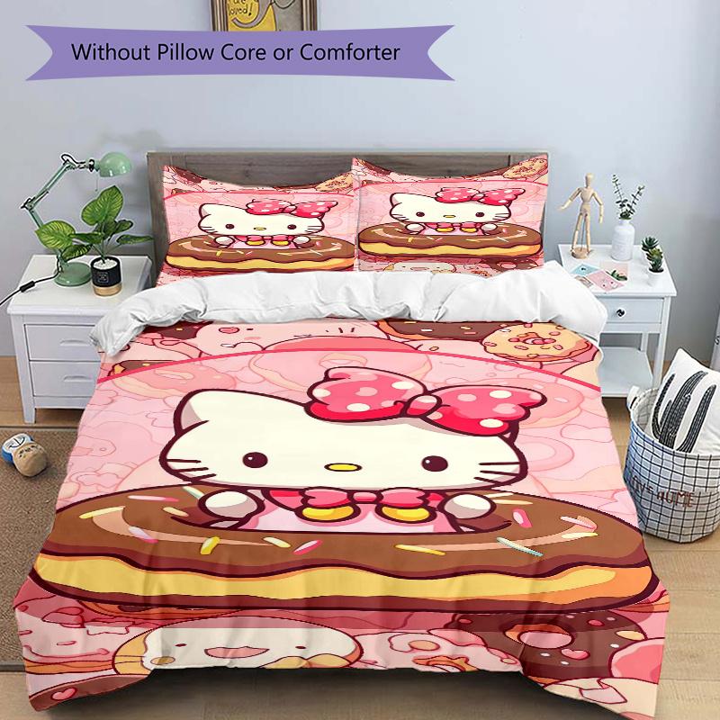 3pcs Sweet Hello Kitty Doughnut Delight Quilt Cover Set - Soft and Cozy Bedroom, Guest Room and Dorm Decorative Bedding 3-Piece Set 1 Quilt Cover