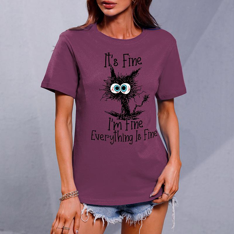 2025 Spring Summer New Short-Sleeve T-Shirt Black Cat Print Round Neck Solid Color Pullover Casual Short-Sleeve Women's Tops
