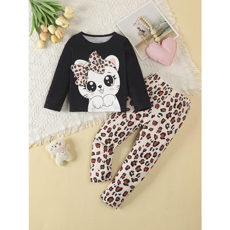 Long-Sleeve And Long-Pants Outfit for Girls | Cute Cat Design T-Shirt And Leopard Print Pants | Soft And Comfortable Set Suitable for Outdoor Wear