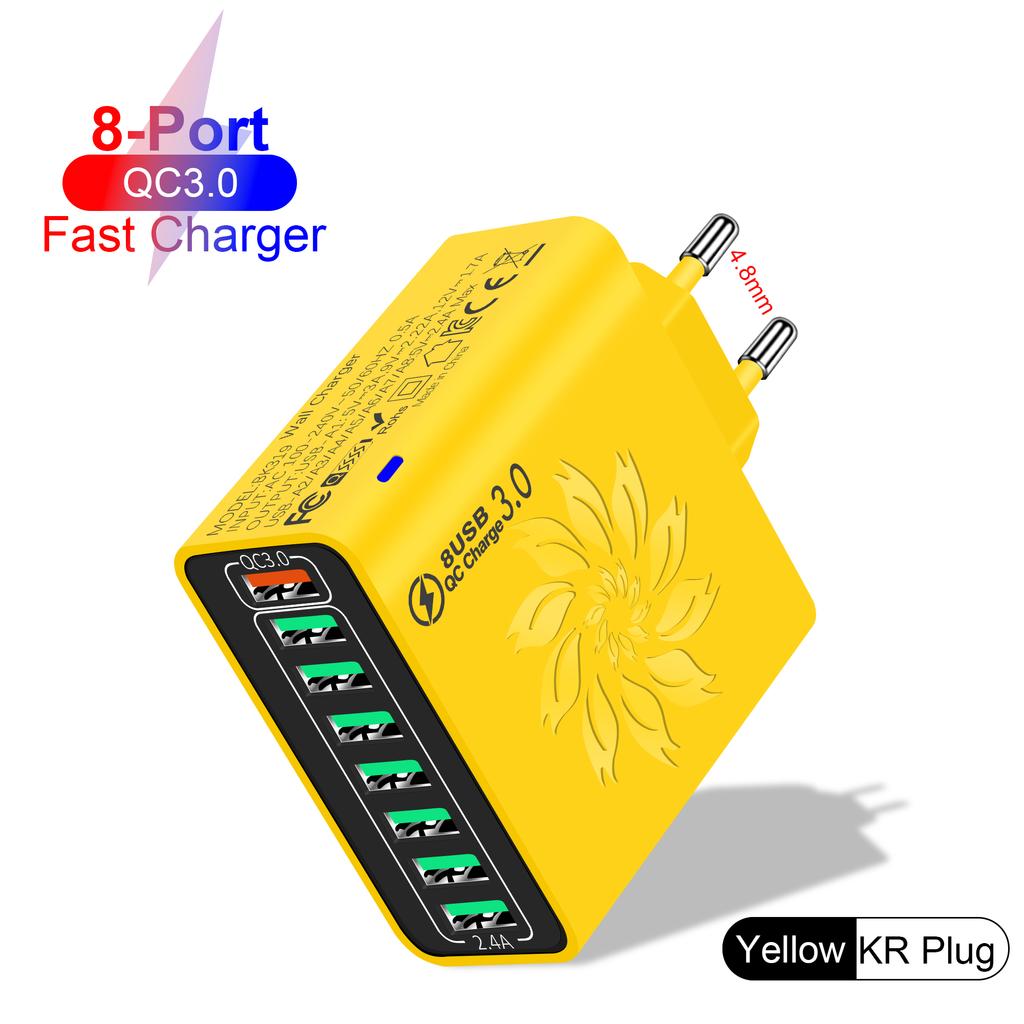 65W 8 Ports USB Charger QC Fast Charging EU/US/KR/UK Plug Fast Charger Power Adapter For iPhone 15 Xiaomi Samsung Wall Charger