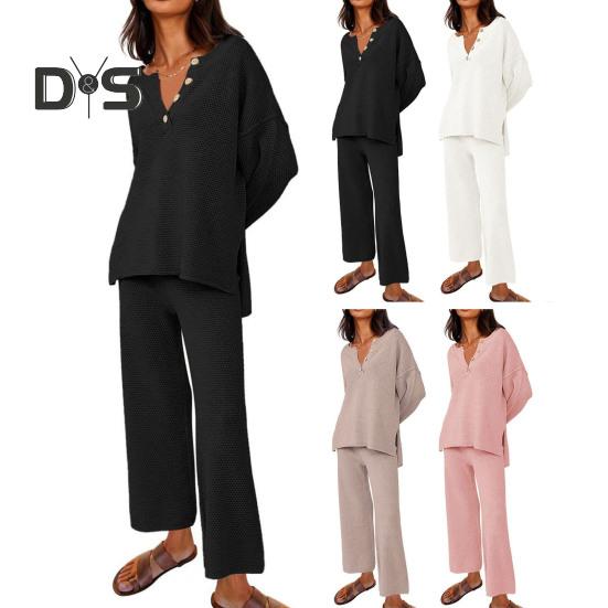 

2 шт./компл. женский топ, брючный костюм, вязаный свободный широкий штанин с V-образным вырезом и длинными рукавами, пуговицы с разрезом подол, повседневная мягкая домашняя одежда, весенне-осенний свитер, комплект брюк L розовый