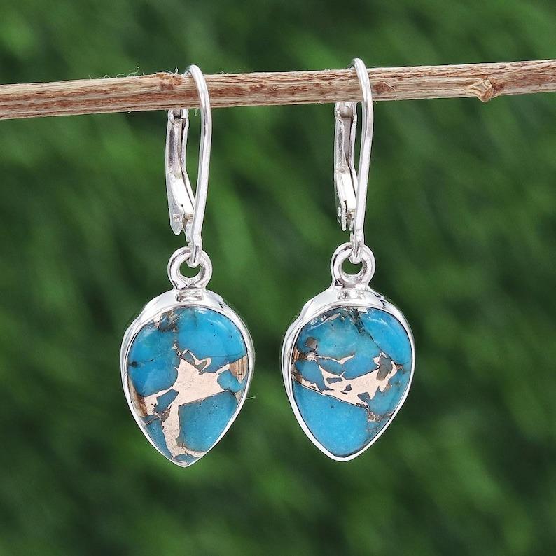 Solid 925 Sterling Silver Blue Copper Turquoise Gemstone Earring Pear Gemstone Earrings Silver Jewelry