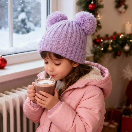 3Pcs/Set Kids Hat Scarf Gloves Set Solid Color Jacquard Plush Ball Decor Knitting Hat Long Scarf Winter Gloves Set