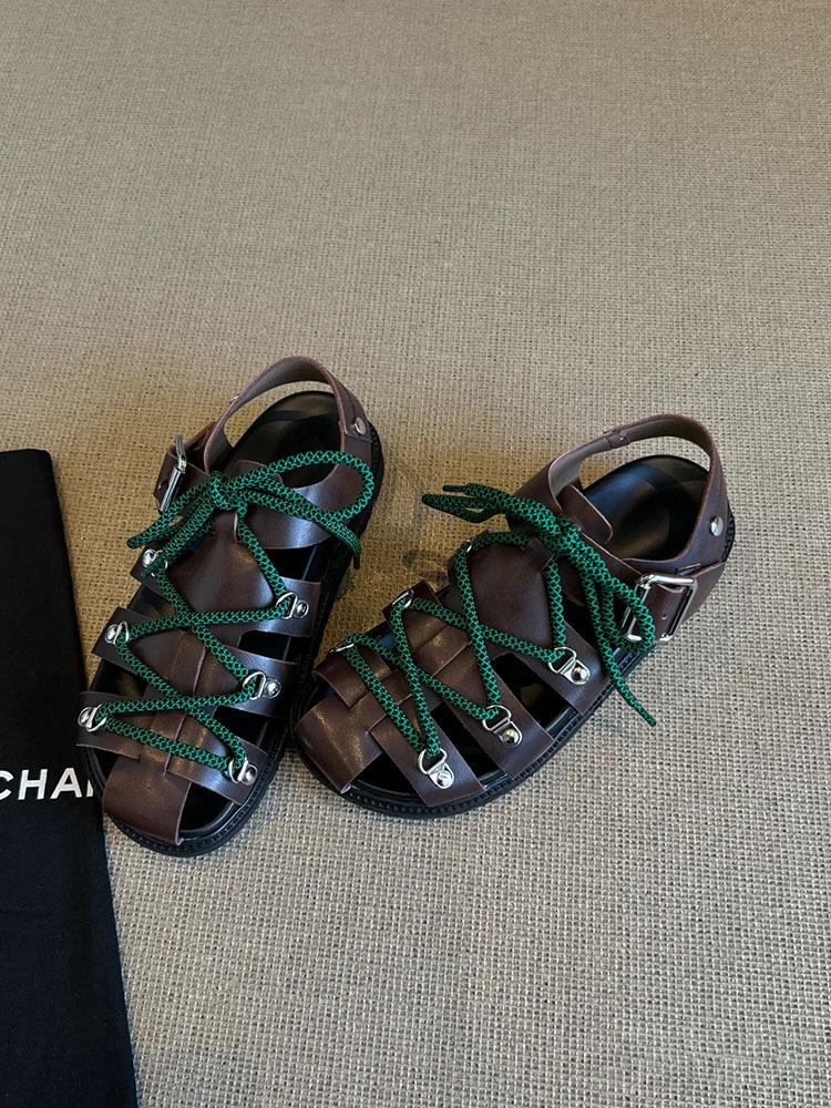 

Cowhide~ Thick sole heightening woven hollow sandals women s versatile casual leaking toe straps Roman shoes bag head single shoes 35