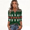 Women's Casual Christmas Print V-Neck Button Three-Quarter Sleeve T-Shirt