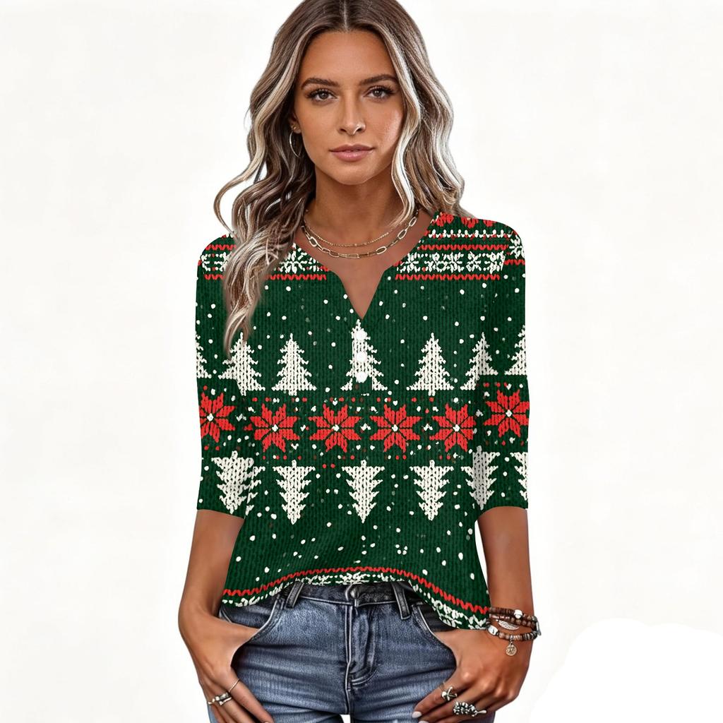 Women's Casual Christmas Print V-Neck Button Three-Quarter Sleeve T-Shirt