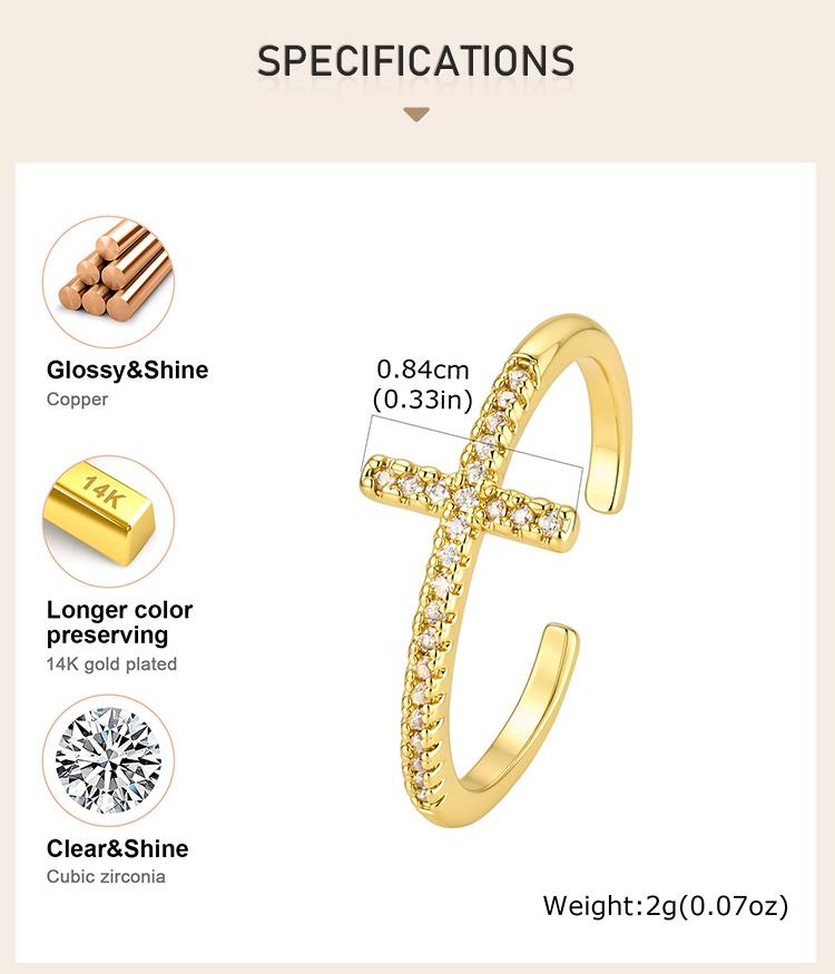 Cross Ring for Women 14k Gold Plated Sideway Cross Adjustable Open Ring Cubic Zirconia Jewelry