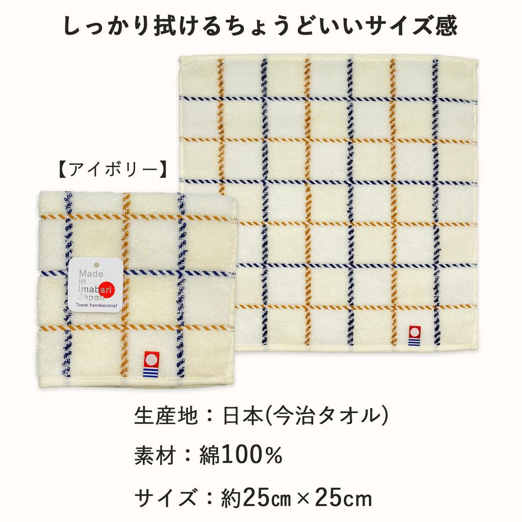 Nishio Imabari Towel Certified Hand Towel for Made in Checkered Imabari Towel Men, Japan, 100% Cotton, 25cm, Double-Sided Pile, Absorbent, Pattern,