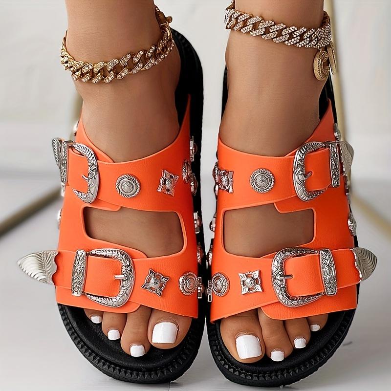 Women's Solid Color Platform Sandals, Double Buckle Design Straps Slip On Thick Bottom Slides Shoes, Summer Comfy Footwear