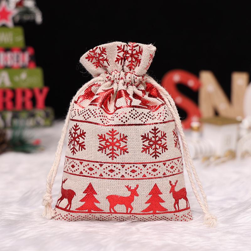Christmas Gold Foil Cotton Linen Drawstring Gift Bag for Candy