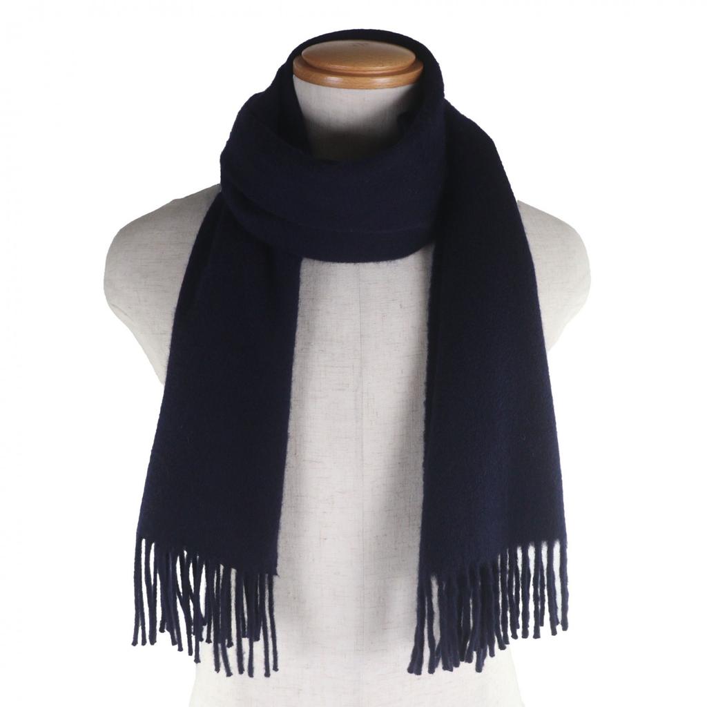 Excellent HERMES Scarf Embroidered logo with fringe Navy cashmere mens Used