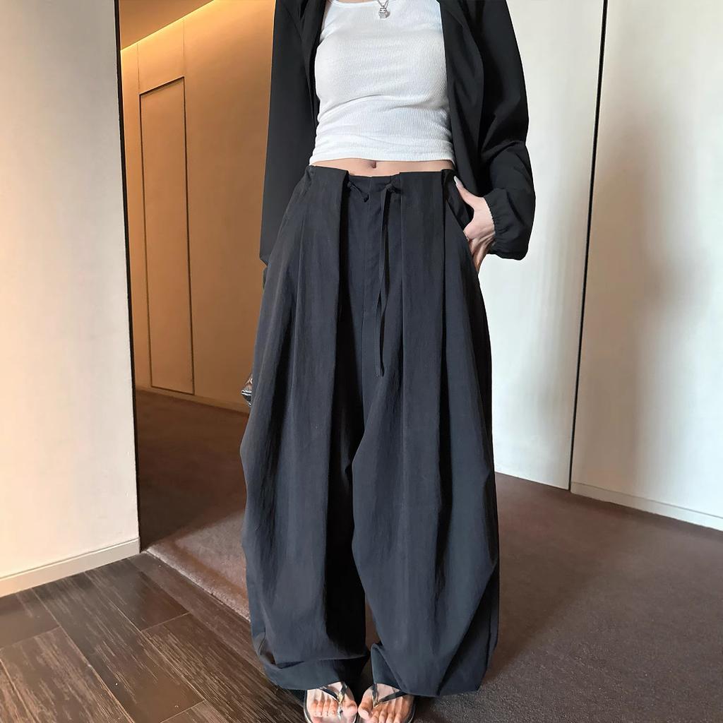 Womens White Drawstring Waist Wide Leg Pants Solid Color Casual Loose Fit Trousers