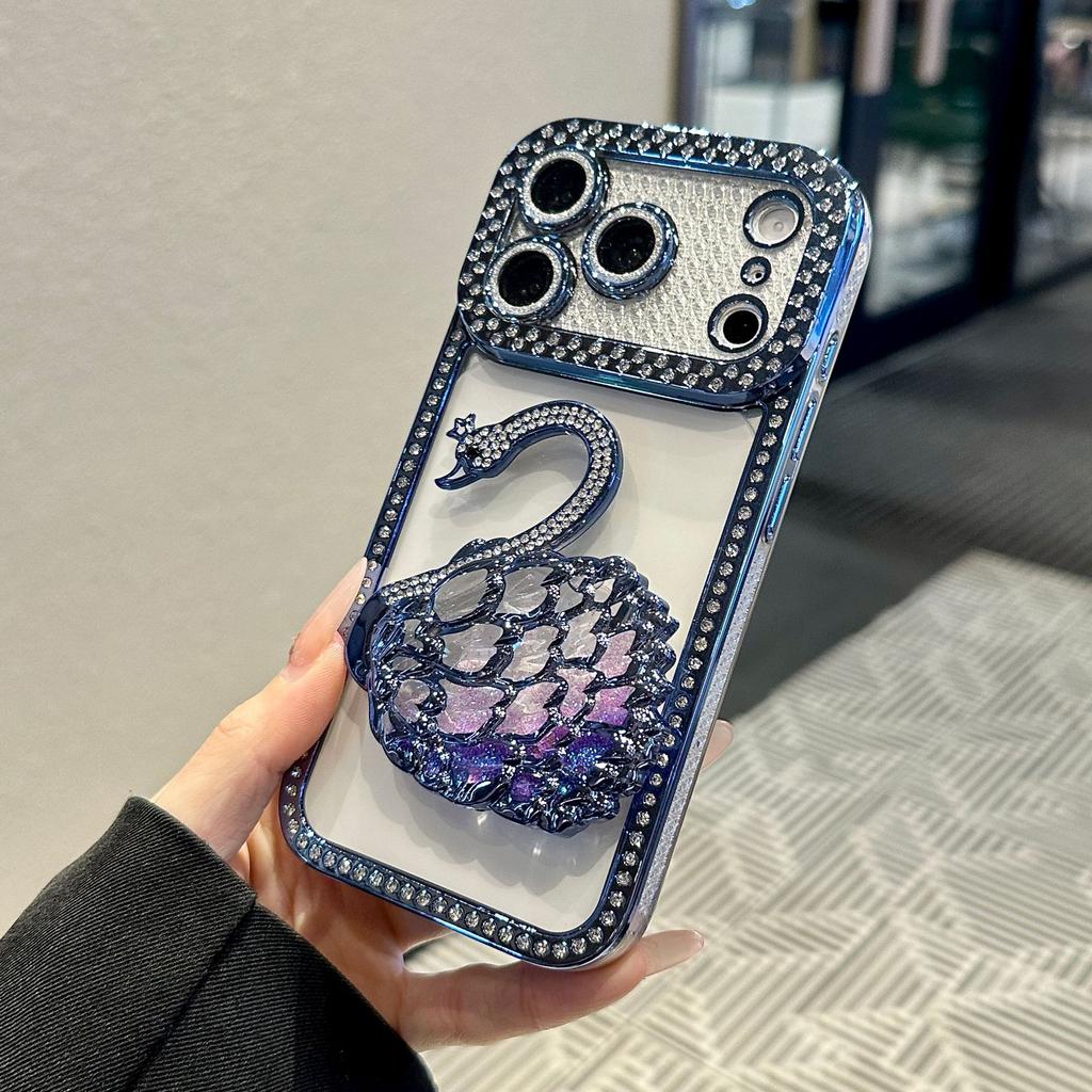 17PRO/17AIR Diamond-encrusted Electroplating Shell + Swan Quicksand Bracket for 17PROMAX Mobile Phone Case Luxury Cartoon