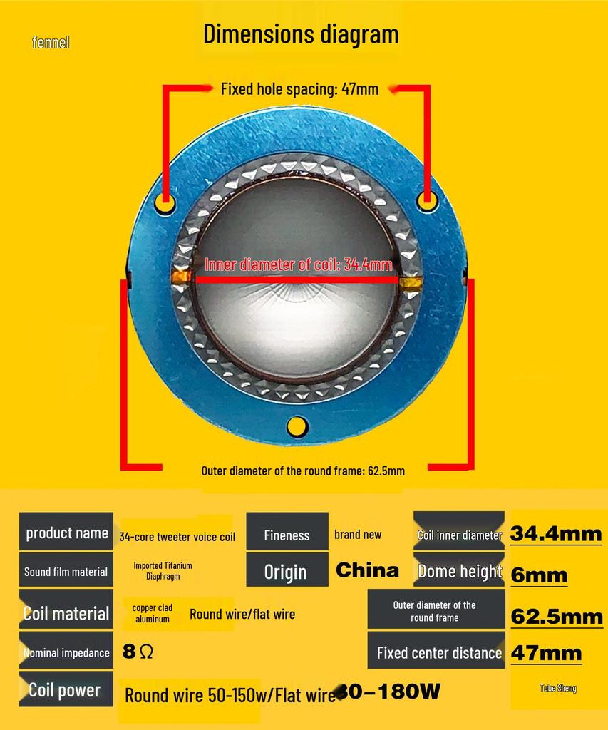 34.4mm Titanium Treble Voice Coil Diaphragm for Horn Speaker, 34.5mm Round Frame