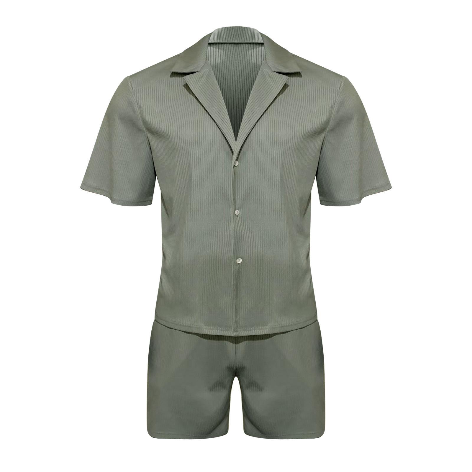 

Мужские комплекты, летняя повседневная рубашка с короткими рукавами и шорты, модный полосатый костюм, мужской спортивный костюм из двух предметов M зелёный