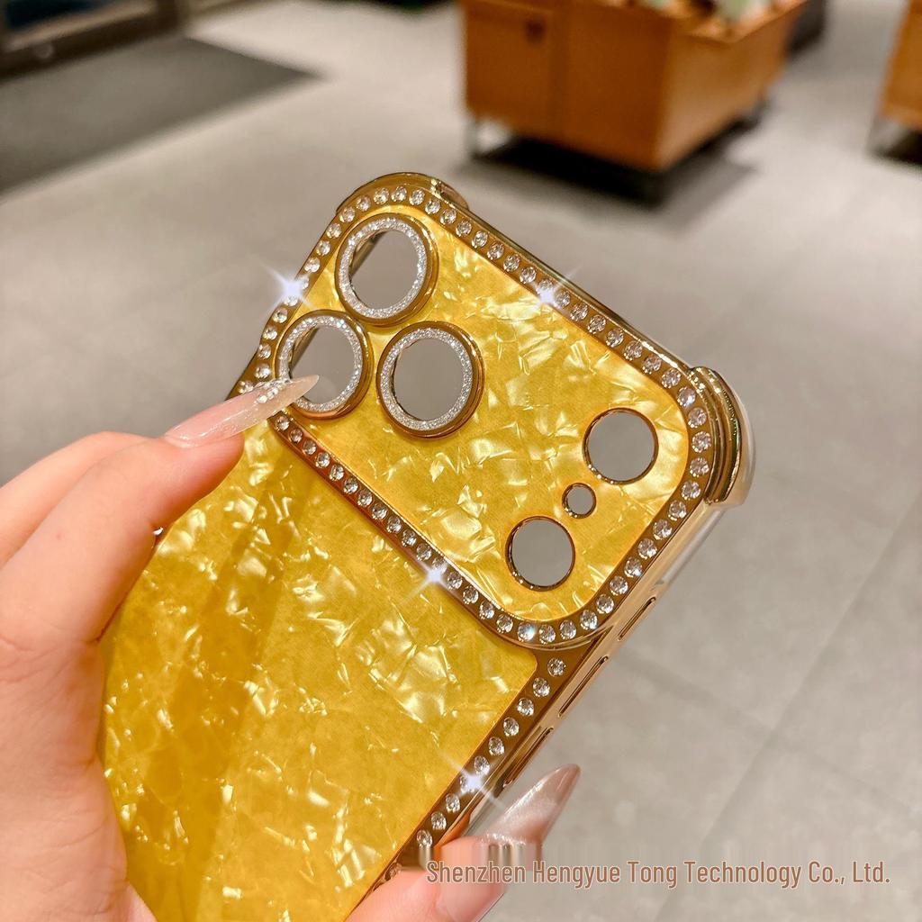 Square Rhinestone Shell Texture Phone Case for iPhone 16/17 Pro Max