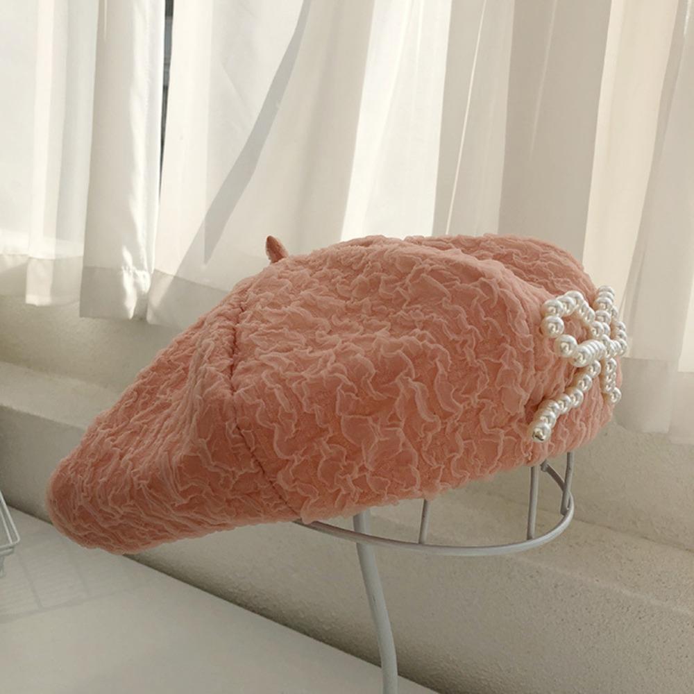 Cotton Pearls Bow Soft Hat Y2K Octagonal Brimless Hat Simple Women Artist Hat  Autumn