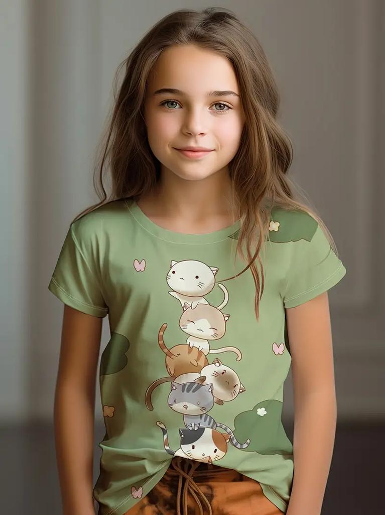 Kinderkleidung Kinder T-Shirt Mädchen Kurzarm Top Cartoon Katze Kawaii Mädchen Sommerkleidung Kinder T-Shirt Kinderkleidung