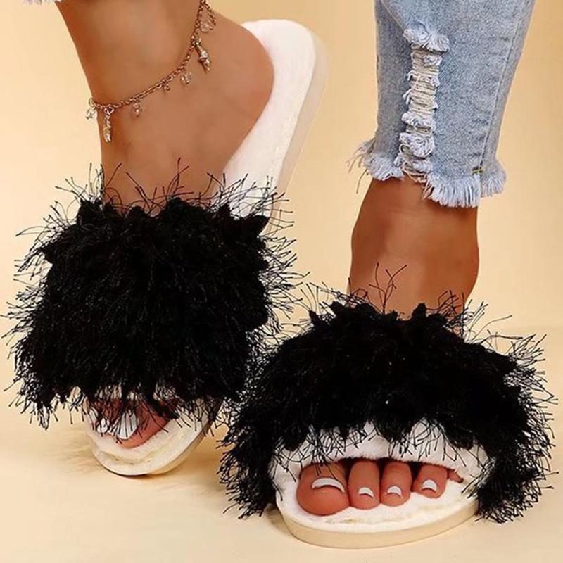 Fashion Indoor Faux Fur Cotton Slippers Women 2025 Winter Slip On Non Slip Plush Slippers for Woman Soft Flat Heel Slides Ladies