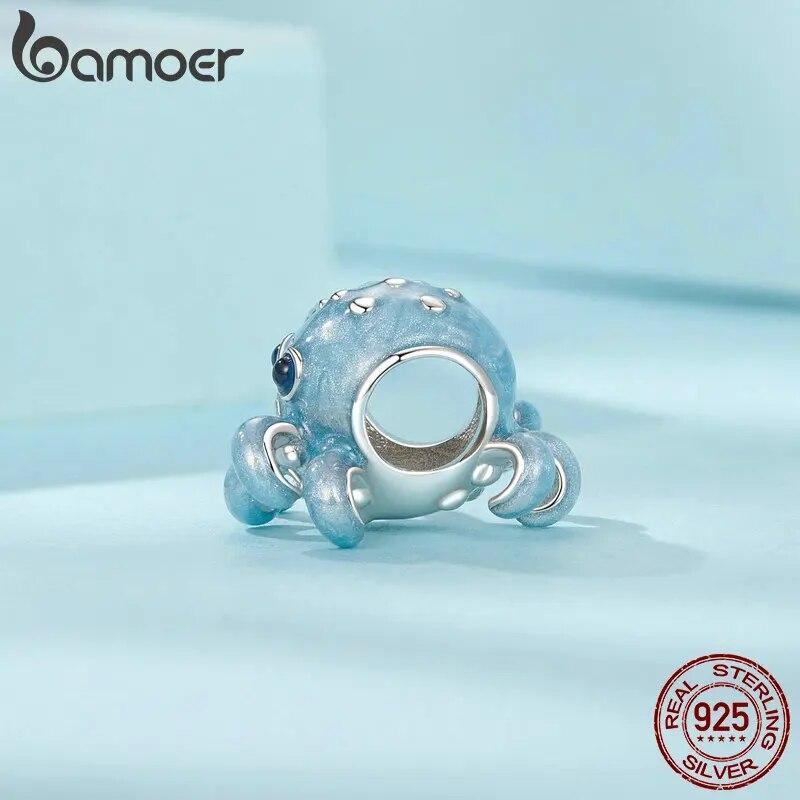 BAMOER 925 Sterling Silver Blue Enamel Octopus Beads Ocean Fish Charms for Women Bracelet Necklace DIY Accessories Jewelry Gift