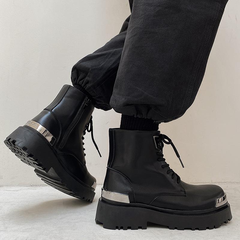 Fashion Men Harajuku Korean Man High Top Leather Couple Shoes Streetwear Fashion Casual Thick Platform Metal Leather Wedding Men Shoes